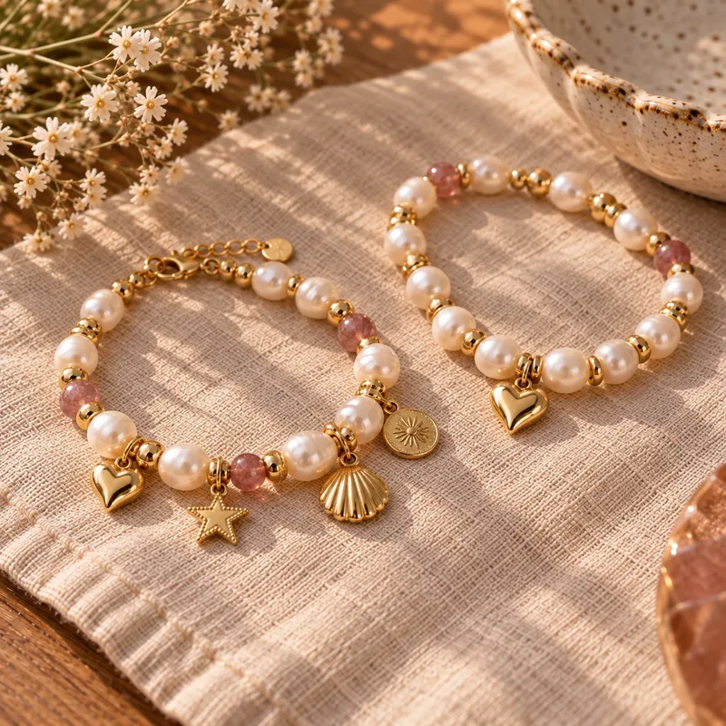 Handmade charm bracelet with small gold charms and pearls
