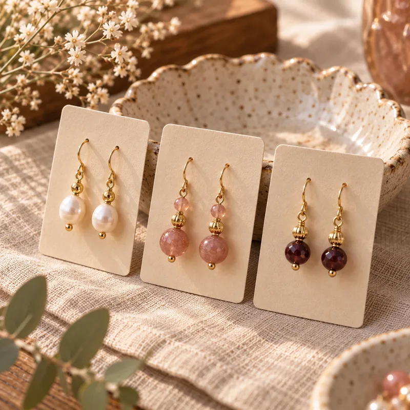 Pairs of handmade beaded drop earrings on a display card