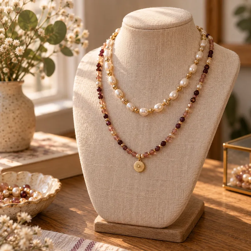 Handmade beaded necklaces with pearls and gold beads