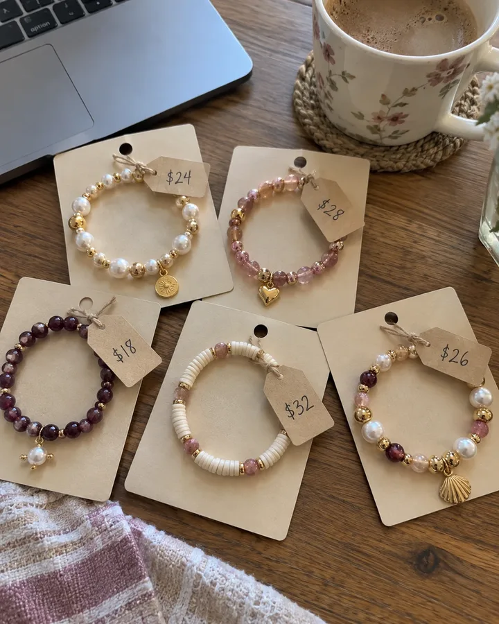 Handmade beaded bracelets on display cards with small price tags