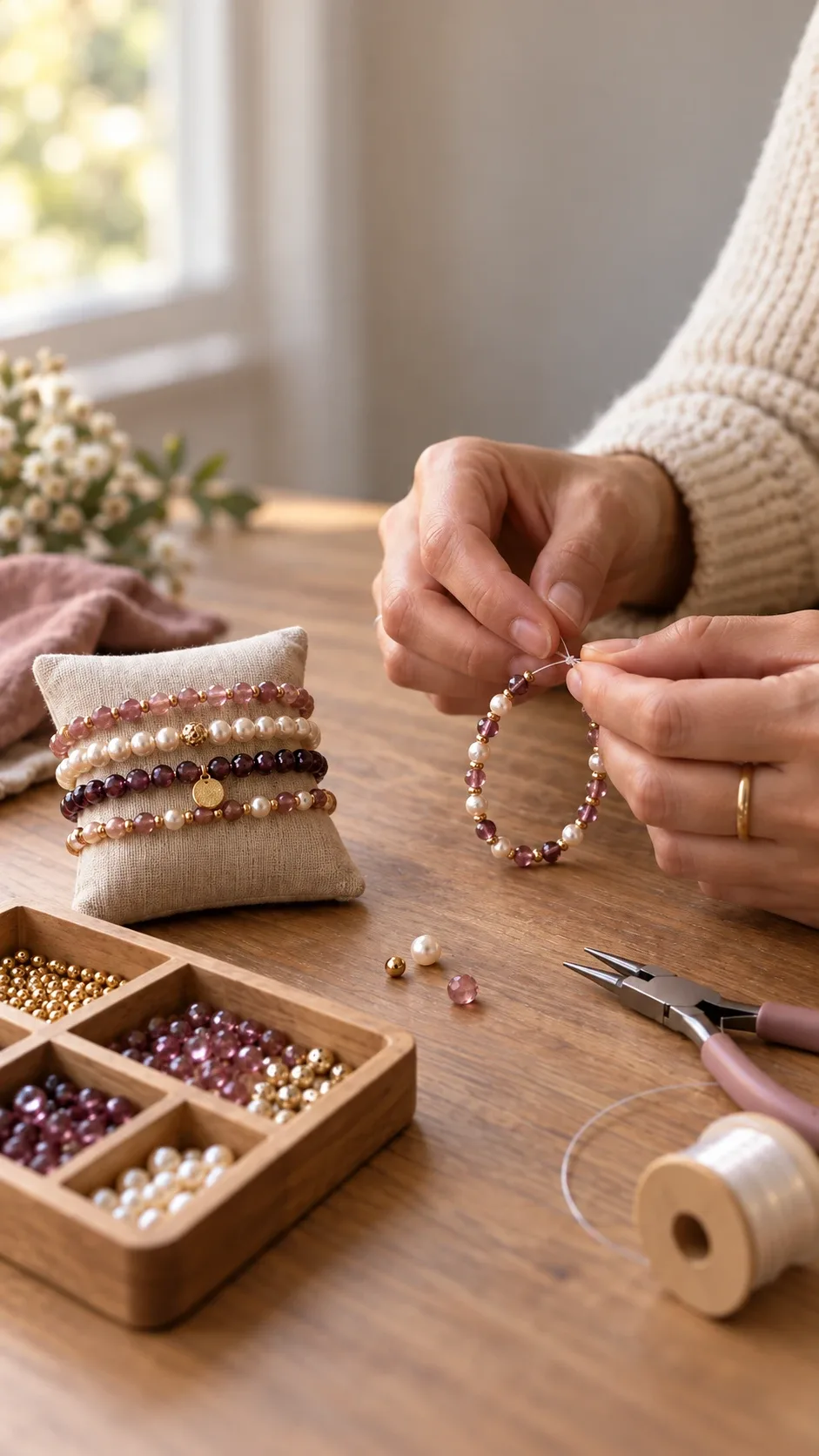 Hands finishing a handmade beaded bracelet next to a stack of boutique-style bracelets