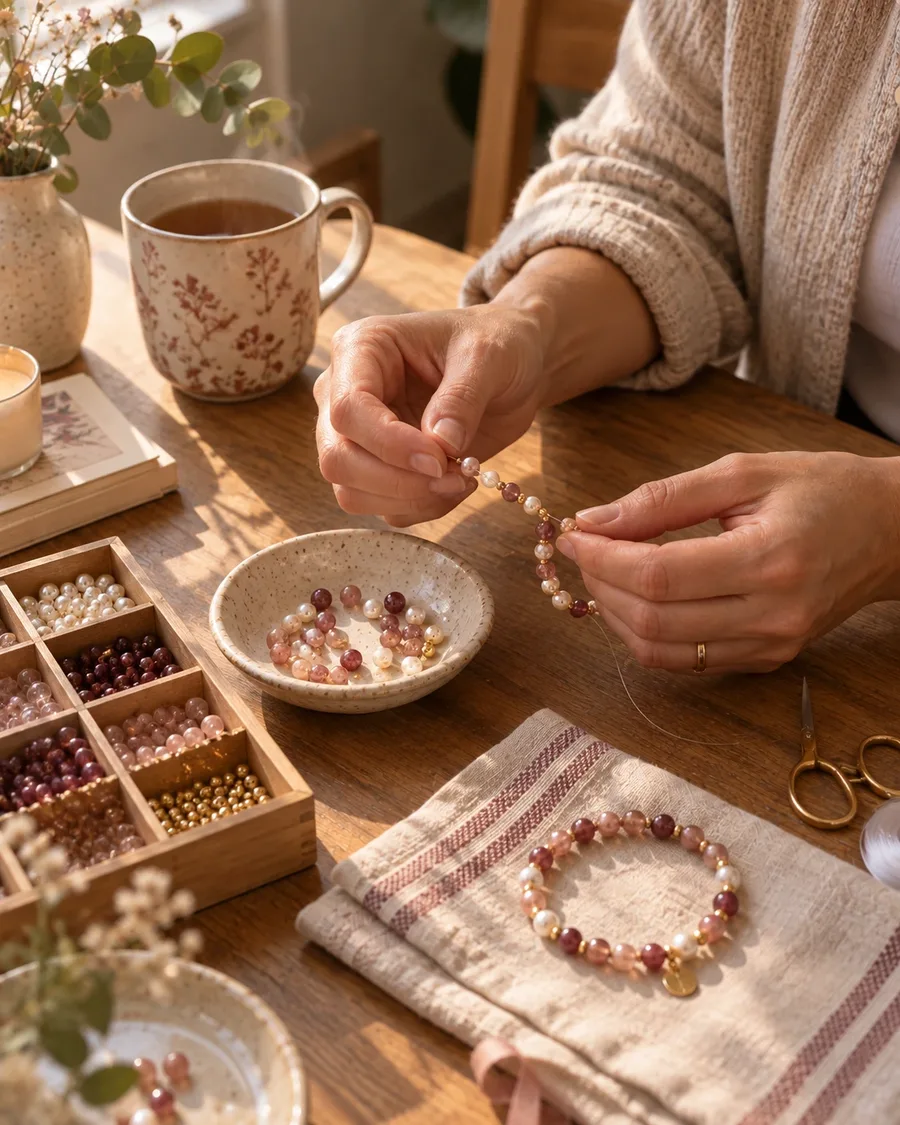 A woman stringing beads onto cord at a sunny table with a cup of tea