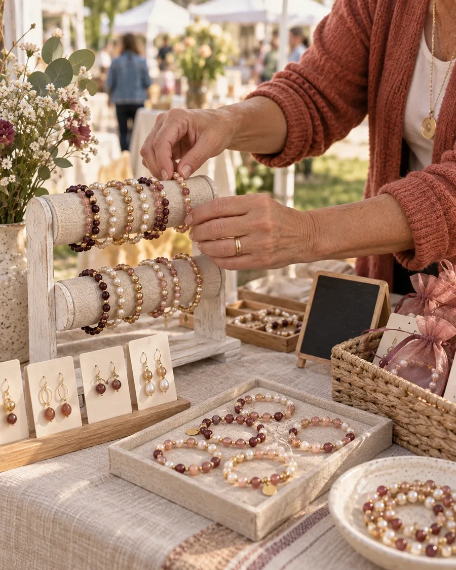 Woman arranging handmade beaded jewelry on a small market table display