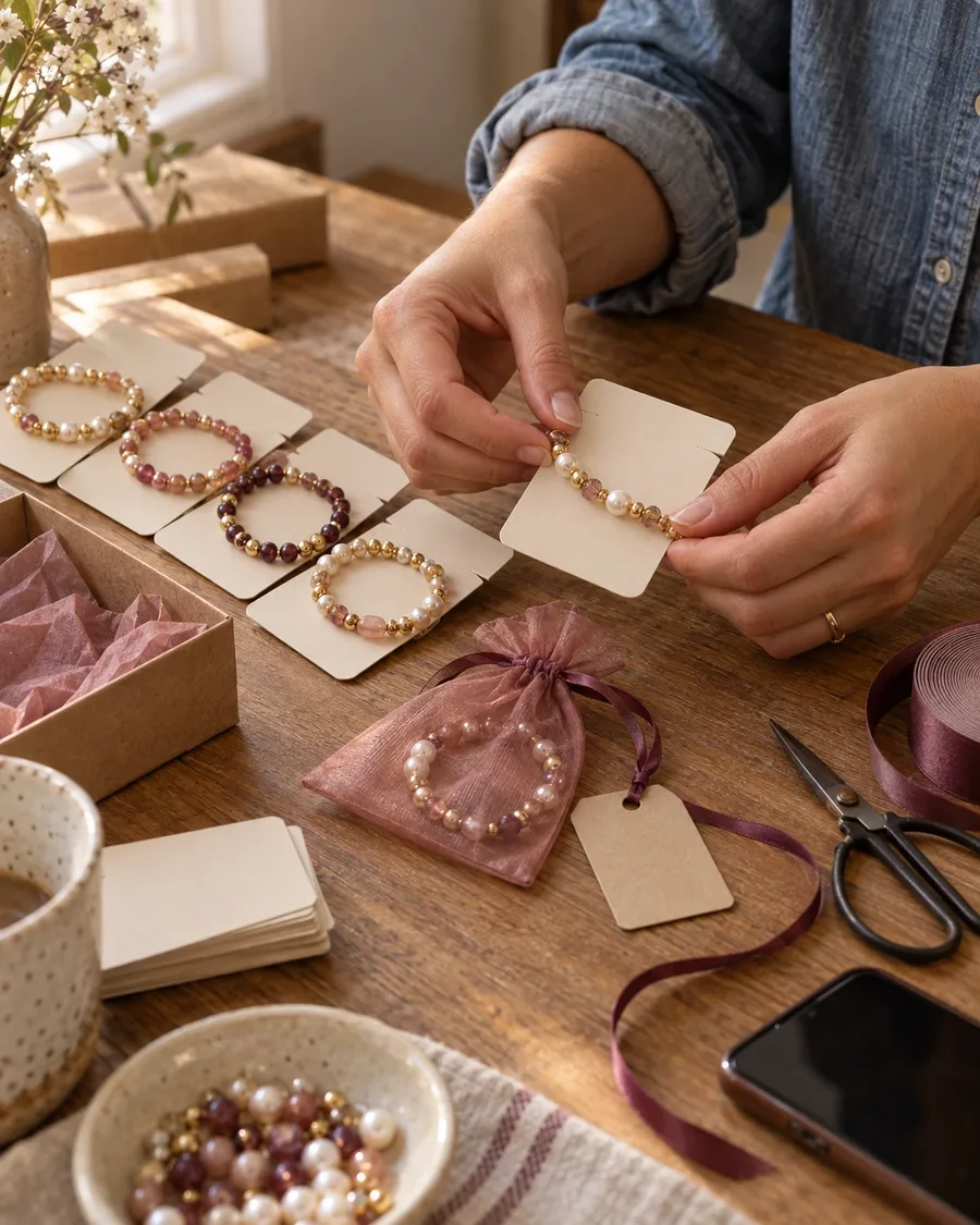Packing a handmade beaded bracelet on a display card to sell